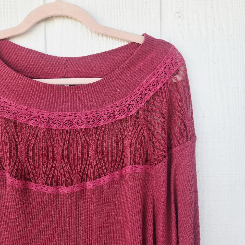 Free People Spring Valley Lace Waffle Weave Thermal Sweater Slouchy Pink Large